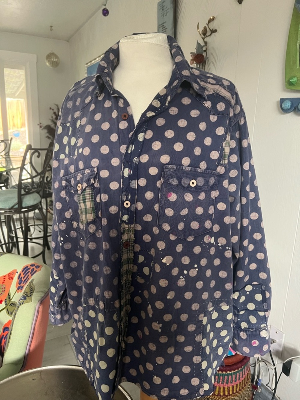 Magnolia Pearl kelly western - poland blue & white Polka Dot Shirt EUC - rare
